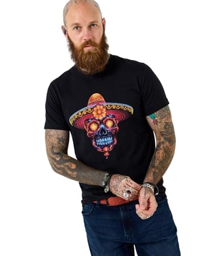 Image of Joe Browns Men's Neon Lights Skull Graphic Tee, Regular, Black, UK XL