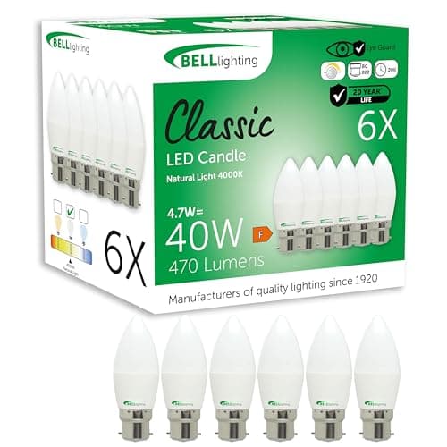 Image of BELL Lighting B22 Bayonet Dimmable Light Bulb LED Candle 6 Pack | Natural White 4000K | 470 Lumen 4.7W | Energy Saving Candle LED Light Bulb | 40W Lamp Equivalent