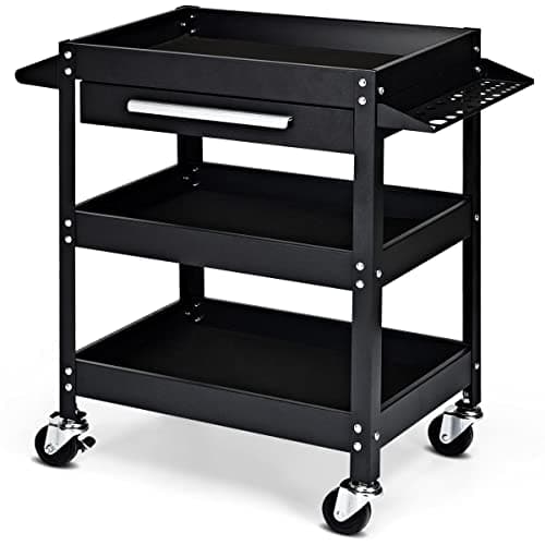 Image of GiantexUK 3-Tier Rolling Tool Cart, Heavy-duty Steel Service Cart on Wheels with Drawer, Side Handle & Tool Slots, Utility Storage Trolley for Workshop Warehouse Garage Office (Black)