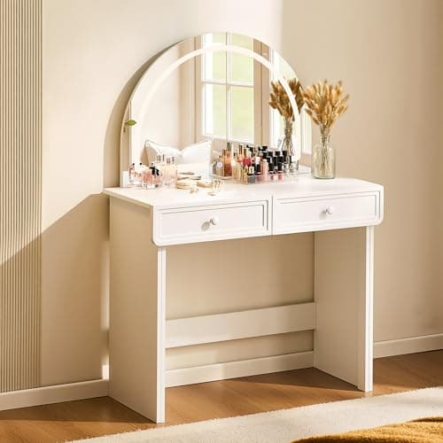 Image of CLIPOP White Dressing Table with 2 Drawers, Unique Round Mirror Vanity Table with LED Lights, Modern Makeup Vanity Table for Bedroom Girls Women (White, 2 Drawers)