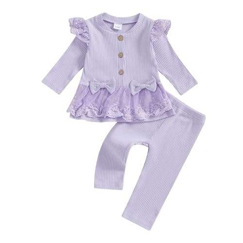 Image of Geagodelia Toddler Baby Girl Fall Winter Outfits Ruffled Long Sleeve Lace/Striped/Polka Dot Print Sweatshirt Ribbed Shirts Top with Long Pants 2Pcs Clothing Set for Little Girls (Purple, 2-3 Years)