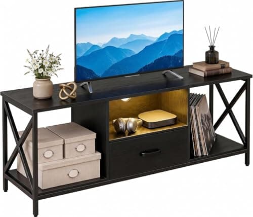 Image of Blisswood TV Unit, 112cm LED TV Stand with RGB Lights for 43–50 Inch TVs, Wooden Media Console Entertainment Centre with Drawer & Shelves, Industrial Metal Frame Cabinet for Living Room Bedroom_Black
