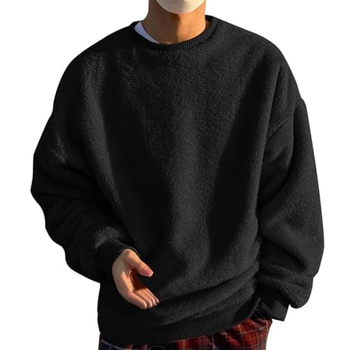 Image of Oversized Fleece Sweatshirt For Men Pullover Thermal Sweater Crew Neck Jumper Winter Warm Casual Wear Soft Touch Loungewear Soft And Comfy Pullover Sweatshirt Without Hood Casual Tops S-5Xl Black