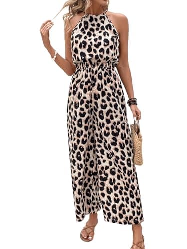 Image of Fronage Summer Jumpsuits for Women Uk Leopard Print Halter Neck Rompers Wide Leg Pants Sleeveless One Piece Outfits