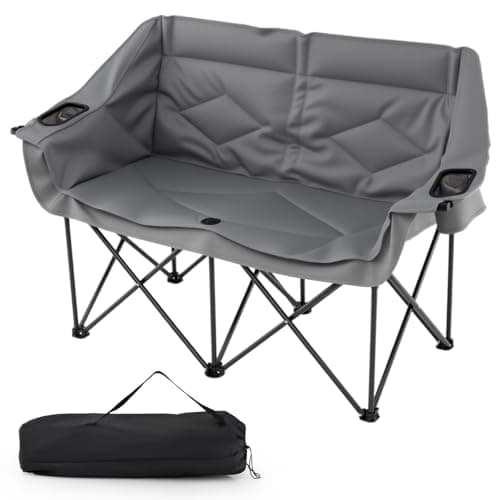 Image of SPOTRAVEL Double Camping Chair, Folding Oversized Padded Loveseat with Carry Bag and Storage Pockets, 2 Seat Outdoor Portable Beach Chair for Fishing, Traveling & Hiking (Grey, 146 x 56 x 94 cm)