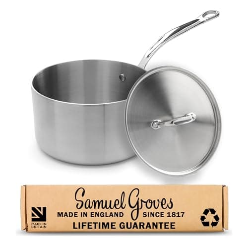 Image of Samuel Groves 20cm Stainless Steel Saucepan with Lid, Tri-Ply Induction Sauce Pan, Oven Safe Professional Cookware, Uncoated Metal Pan for Gas, Electric & Ceramic Hobs, Made in England Since 1817