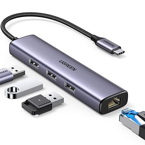 Image of UGREEN USB C Hub Ethernet, Gigabit USB C Network Adapter with an RJ45 LAN Internet Port & 3 5Gbps USB 3.0 Ports Compatible with Thunderbolt 3 Mac, iPhone 15 Pro, Steam Deck, Switch, Hard Drive, Mouse