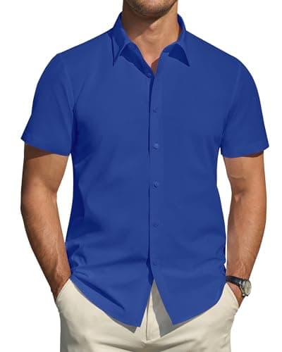 Image of J.VER Shirts for Men UK Short Sleeve Dress Shirt Stain Shield Stretch Plain Regular Fit Business Casual Smart Button Down Tops Royal Blue L