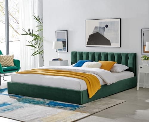 Image of Bravich Ottoman Super King Bed Frame. 6FT Plush Velvet Super King Size Bed With Contemporary Headboard. Gas Lift Bed With Underbed Storage, 213cm x 182cm (Super King, Green, No Mattress)