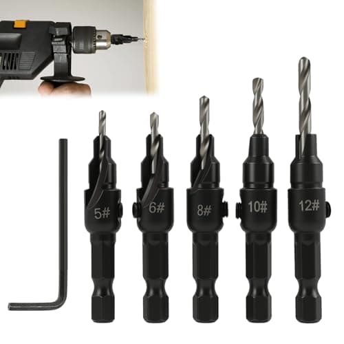 Image of Countersink Drill Bit Set, 5Pcs Quick Change 1/4" Hex Shank Adjustable Countersink Set, Woodworking Countersink Bits with Replaceable Pilot Drills and Hex Wrench for Wood, Plastic and DIY Projects