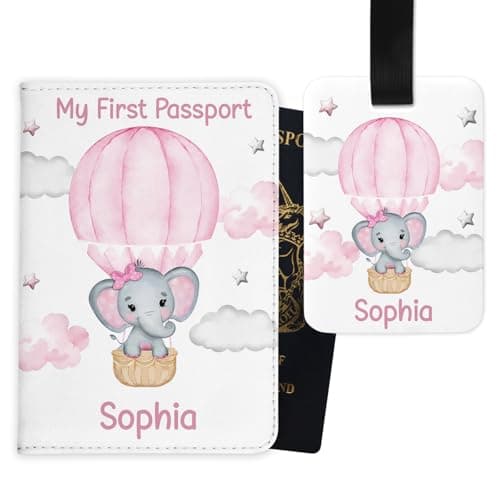 Image of Chicken Craft Personalised Baby Passport Cover & Luggage Tag Set - Custom My First Passport Travel Gift for Toddlers - Elephant Design for Boys or Girls (Pink)