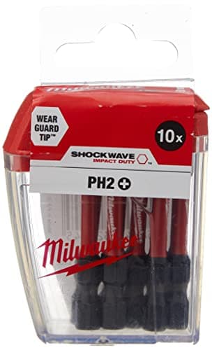 Image of Milwaukee Shockwave PH2 50mm Screwdriver Bits Pack of 10, 4932472048, Red