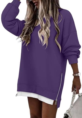 Image of CHICZONE Womens Oversized Sweatshirt Casual Zipper Slit Long Sleeve Crew Neck Pullover Hoodies Purple