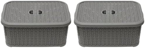 Image of JVL 13-356GY Knit Design Loop Plastic Lidded Rectangular Storage Basket with Handles, Grey, 20 x 28.5 x 12.5 cm, 6 Litres (Pack of 2)