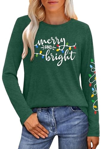 Image of hohololo Christmas Shirts for Women Merry Christmas Long Sleeve Shirt Christmas Light Graphic Tees Xmas Holiday Tops, Bright-green, S