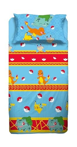 Image of Pokemon Single Bed Sheet Set, Single Bedroom, Complete Bed, Top Sheet, Fitted Sheet, Pillowcase, 100% Cotton, Official Product