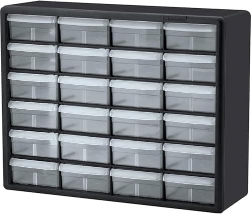 Image of Akro-Mils 10124 24-Drawer Plastic Drawer Storage Cabinet for Garage Organization, Teacher Toolbox, Makeup Organizer, and More, 50.8 cm W x 16 cm D x 40.6 cm H, Black
