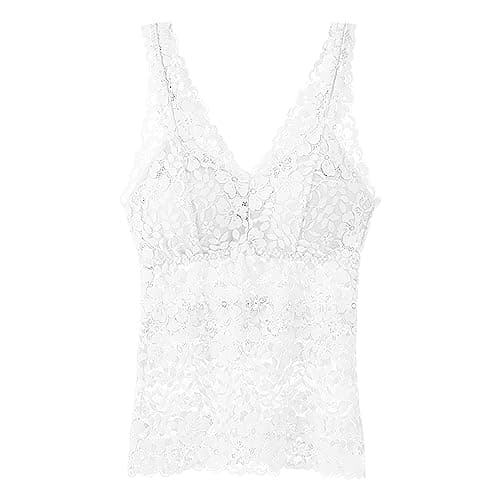 Image of Women's Running Sexy Tank Top Trendy Athletic Mesh Sleeveless Going Out Shirts Eyelet Workout Lace Summer 2025 Gym Tank Tops Wavy Edge Solid Color V Neck Embroidery Cute Sports Y2K White
