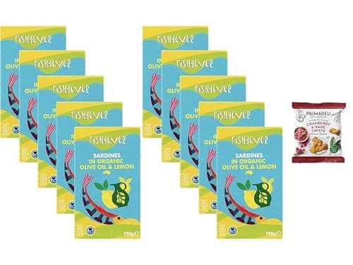 Image of Fish 4 Ever Whole Sardines in Organic Olive Oil & Lemon 120g (Pack of 10) + Primadeli Snack - Sustainably Fished. Tin Canned Food Rich in Omega-3, Ready Seasoned, Great for Lunch Meals