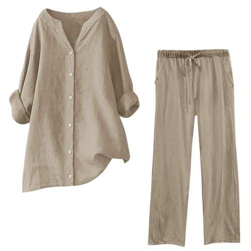 Image of Women's Cotton Linen Co Ord Trouser Sets Summer 22Pcs Outfit Set Long Sleeve Lapel Button Down Shirt + Wide Leg Trouser Streetwear Loungewear Casual Tracksuit Two Piece Outfits Lounge Wear Sets