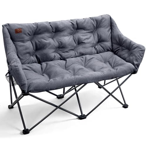 Image of EVER ADVANCED Camping Chair Double for Adults 6cm Padded 320kg Folding 2 Seater Sofa with Side Pocket Dining Garden Outdoor Heavy Duty Luxury Fishing Chair Portable Oversized Comfy Light Grey
