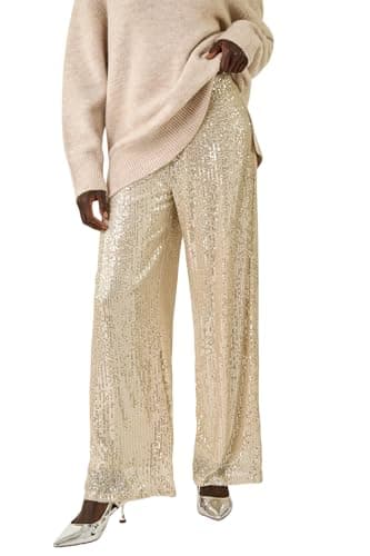 Image of Roman Originals Sequin Wide Leg Trousers for Women UK - Ladies Everyday Autumn Winter Comfy Soft Evening Vacation Work Party Night Out - Silver - Size 20