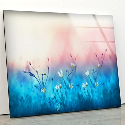 Image of Myphotostation Small White Flower Wall ArtTempered Glass Wall Art 60WX40H''Floral Wall Art Decor Glass Printing Large Wall Art for Living Room Botanical Wall Decor