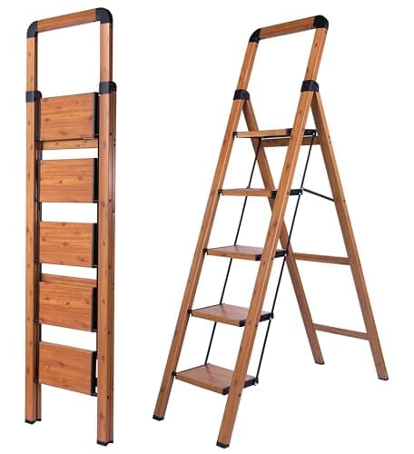 Image of BIBKOKE Step Ladder 5-Step Woodgrain Finish Aluminum Folding Step Ladders,Anti-Slip Max 190 lbs