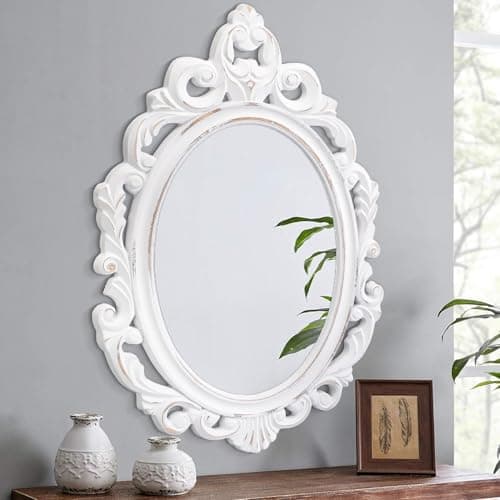 Image of Lzuso Wall Mirror Oval Baroque Style Vintage Mirrors for Wall Wooden Hanging Arendahl Traditional Decorative for Bathroom Bedroom Living Room Entryway decor 60x40cm White