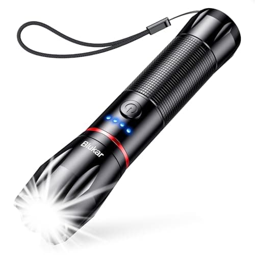 Image of Blukar LED Torch Rechargeable, Super Bright Flashlight with 5 Modes, Adjustable Focus, Water Resistant, Lightweight Handheld Torch for Camping, Running, Dog Walking, Power Cut, Emergency etc-Black