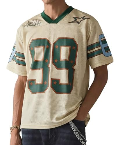 Image of HAWILAND Men's Mesh Short Sleeve V Neck Jersey Tops Graphic Basketball Football Oversized Tee T Shirt Apricot Medium