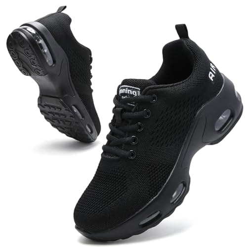 Image of Womens Runnig Trainers Arch Support Memory Foam Gym Shoes Ladies Lightweight Mesh Air Cushion Walking Sneakers All Black UK 5.5