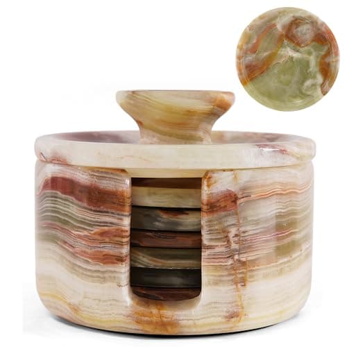 Image of EARTHEN CRAFTS Marble Coasters Set of 6 for Drinks 3.5" Green Onyx Round Stone Drink Coaster with Holder & Lid for Table Countertop, Kitchen Counter & Coffee Table Decor