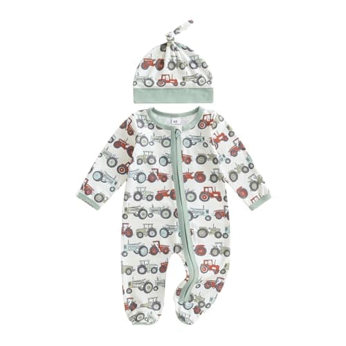 Image of M9ppzzur7 Newborn Baby Boy Romper Clothes Farm Little Tractor Print Zip Up Long Sleeve Round Neck Jumpsuit with A Hat Infant Boys 2Pcs Playsuit Set (Multi-Color, 3-6 Months)