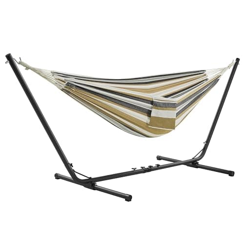 Image of Yaheetech Hammock with Stand Set, 2-seater Cotton Hammock with Adjustable Metal Frame & Carrying Bag for Garden Outdoor Indoor Camping, Max.load 205kg - Desert Stripe