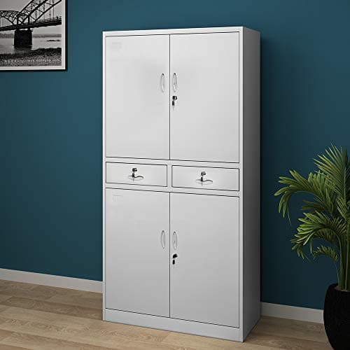 Image of Panana Metal Storage Cupboard 4 Door Office Tall Filing Cabinet Lock System with 2 Drawers and 2 Compartments H180 x L90 x D40 cm Gray