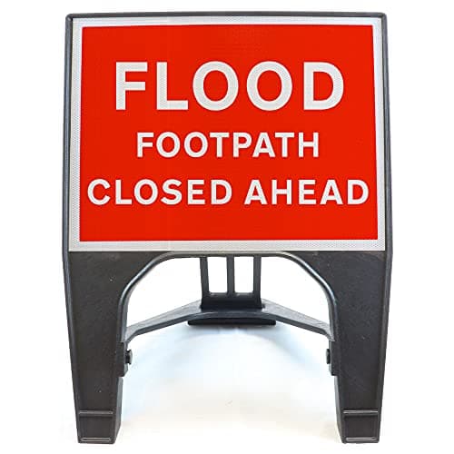 Image of Flood Footpath Closed Ahead 600x450mm Road Sign - Plastic Temporary Road Street Traffic Safety Sign for Road and Street Works - Freestanding with Reflective Sign Face