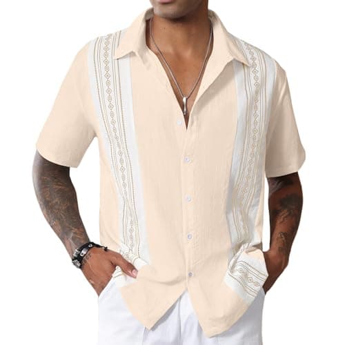 Image of CTU Mens Bowling Shirts Short Sleeve Vintage Printed Shirt Button Down Hawaiian Holiday Shirts for Men Khaki L