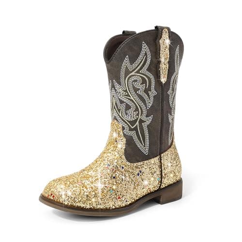 Image of DREAM PAIRS Girls Cowgirl Boots Glitter Toddler Cowboy Boots Child Mid Calf Riding Shoes Party Birthday Dress Up for Toddler/Little/Big Kid,Size 12 Little Kid,Gold,SKMB26002K