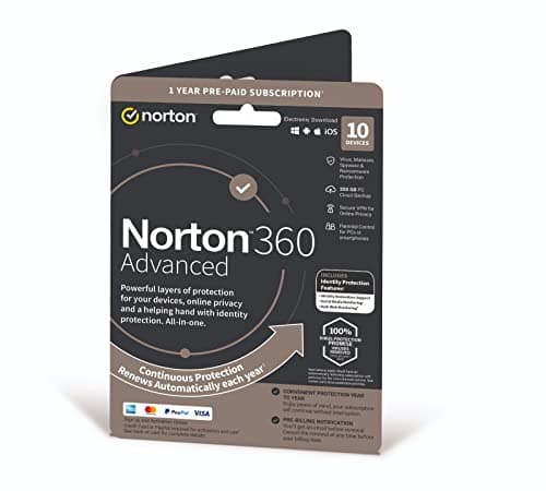 Image of Norton 360 Advanced 2023 | 10 Devices and 12 Month Subscription with Automatic Renewal, Includes Secure VPN and Password Manager, PC/Mac/iOS/Android | 1 User | Activation Code by Post