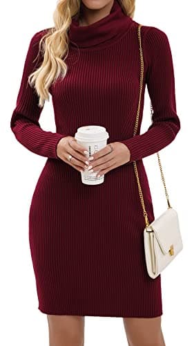 Image of Imuedaen Women's Turtle Neck Jumper Dress Long Sleeve Knitted Dress Sweater Dress Knitted Jumper Slim Fit Knitwear Pullover for Autumn Winter (A Burgundy, S)