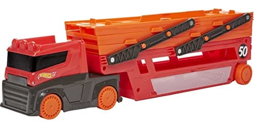 Image of Hot Wheels Mega Hauler with Storage for Up To 50 1:64 scale cars ages 3 and Older 50th Anniversary Hot Wheels Graphics, GWT37