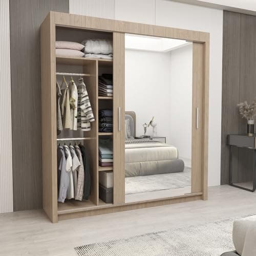 Image of IE INTERIOR EMPORIUM Milan Full Mirror Double Sliding Door Wardrobe (or three in the 250cm size) With Shelves, Hanging Rails and LED Light in 6 Sizes & 4 Colors (150cm, Oak/Sonoma)