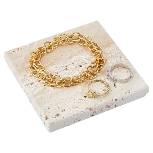 Image of DICOSMETIC Natural Marble Jewelry Dish 10x10cm Square Stone Jewelry Tray Decorative Marble Jewellery Dish Small Stone Tray for Rings Earrings Necklaces Chains, Beige