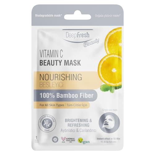 Image of Deep Fresh Beauty Face Masks, Hyaluronic Acid, Collagen, Zinc Oxide, Aloe Vera, Vitamin C, Ginseng & Rice, 100% Bamboo Fibre, Anti-aging, 24 Count (24 Pcs, Vitamin C)