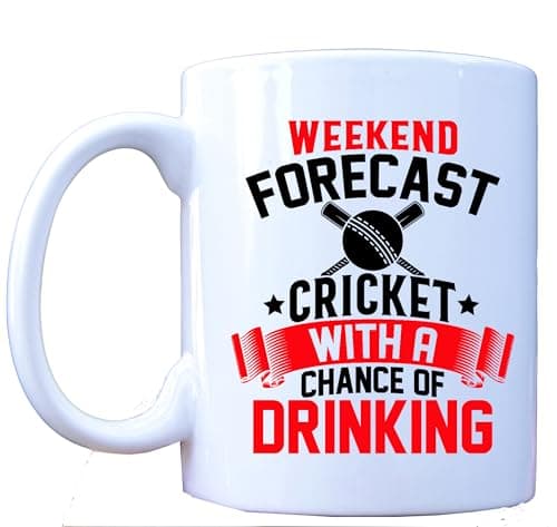 Image of MILLHOUSE PRINTS Weekend Forecast Cricket Mug – Funny Coffee Mug with Bold Red Text and Bat Ball Graphic – Drinking Humour Ceramic Cup – 11oz