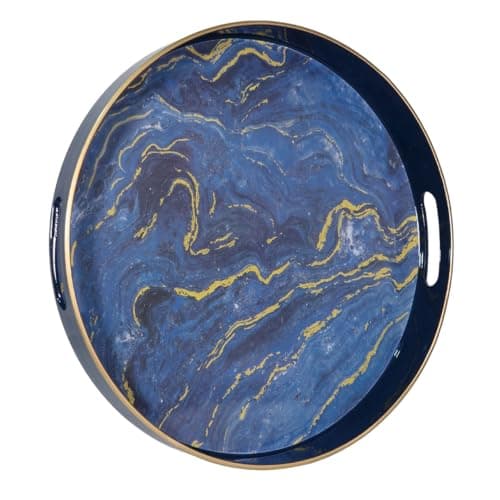 Image of Heaven4you Luxury Elegant Decorative Serving Tray Round Shape Design with Gold Trim | Glossy Finish Organizer or Food Tray for Coffee Table or Dining 33cm x 4cm (Blue Marble)
