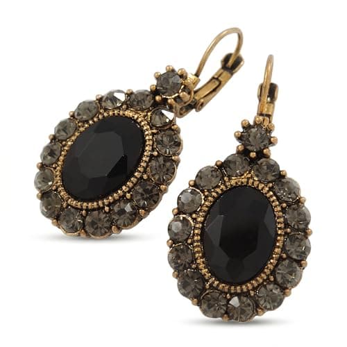 Image of 40mm L/Oval Black/Grey Crystal Drop Earrings with Leverback Closure/Antique Gold Tone