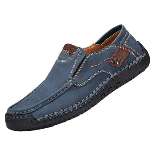 Image of Mens Leather Loafers Casual Slip on Walking Shoes Business Dress Moccasins Soft Soles Non Slip Work Shoes Driving Moccasin Loafers Blue