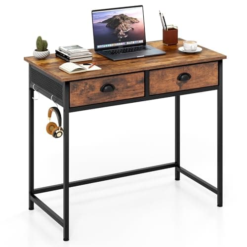 Image of COSTWAY Computer Desk, Wooden PC Laptop Table Writing Workstation with 2 Drawers and 4 Hanging Hooks, Simple Home Office Working Gaming Study Desk, 90 x 45 x 75 cm (Rustic Brown + Black)